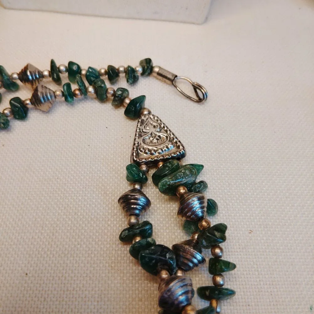 Layered Green Jadeite Chip Necklace with Silver Tone Beads, 18–20